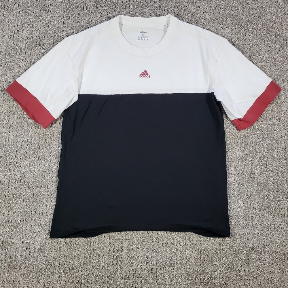 Vintage Y2k Adidas T-Shirt Mens S Color Block 3 Stripe Logo White Black Red